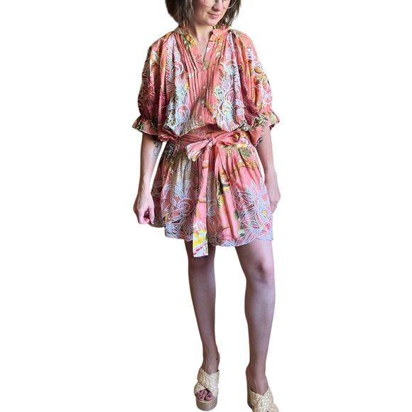 Juliet Dunn Pink Floral Cotton Dropwaist Blouson Puff Sleeve Dress US 2 4 - Picture 2 of 6
